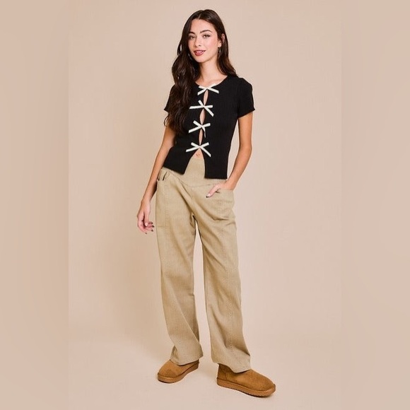 Satin Bow Cutout Short Sleeve Knit Top - Le Lis - Picture 4 of 4